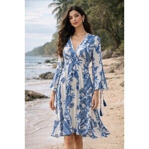 Lulus XL White Blue Paisley Bell Sleeve Tassel Boho Fit & Flare Midi Dress beach